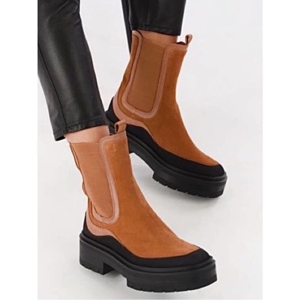 New Sam Edelman Suede Chelsea Boots Lug Sole Platform Ankle Tan Brown Women’s 7